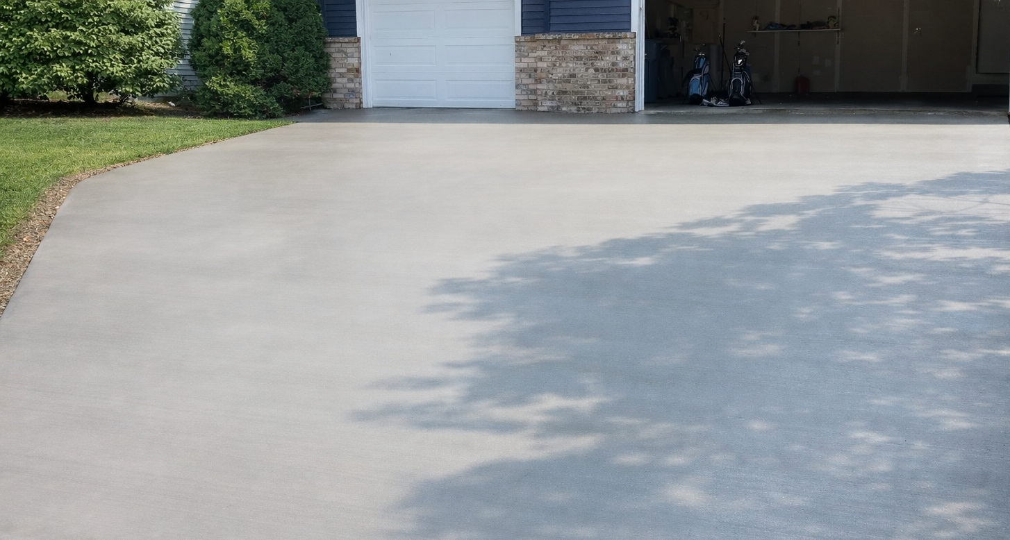 A concrete driveway leading to a garage.  Trees cast shadows on the gray surface.