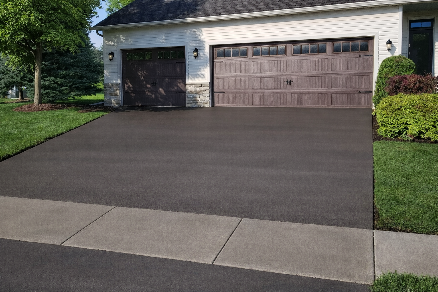 Black asphalt driveway leading to a house with brown garage doors, edged with green grass and a concrete sidewalk.