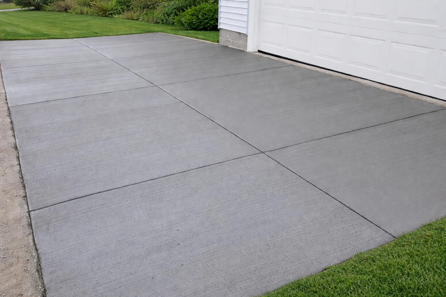 Gray concrete driveway divided into rectangular sections next to a white garage and green lawn.