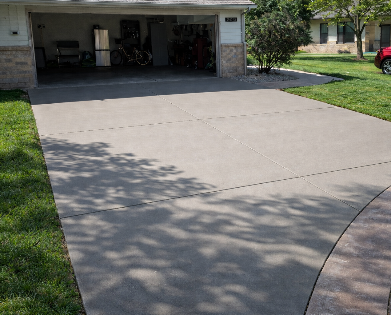 Gray concrete driveway leading to a garage, surrounded by green grass and a house.