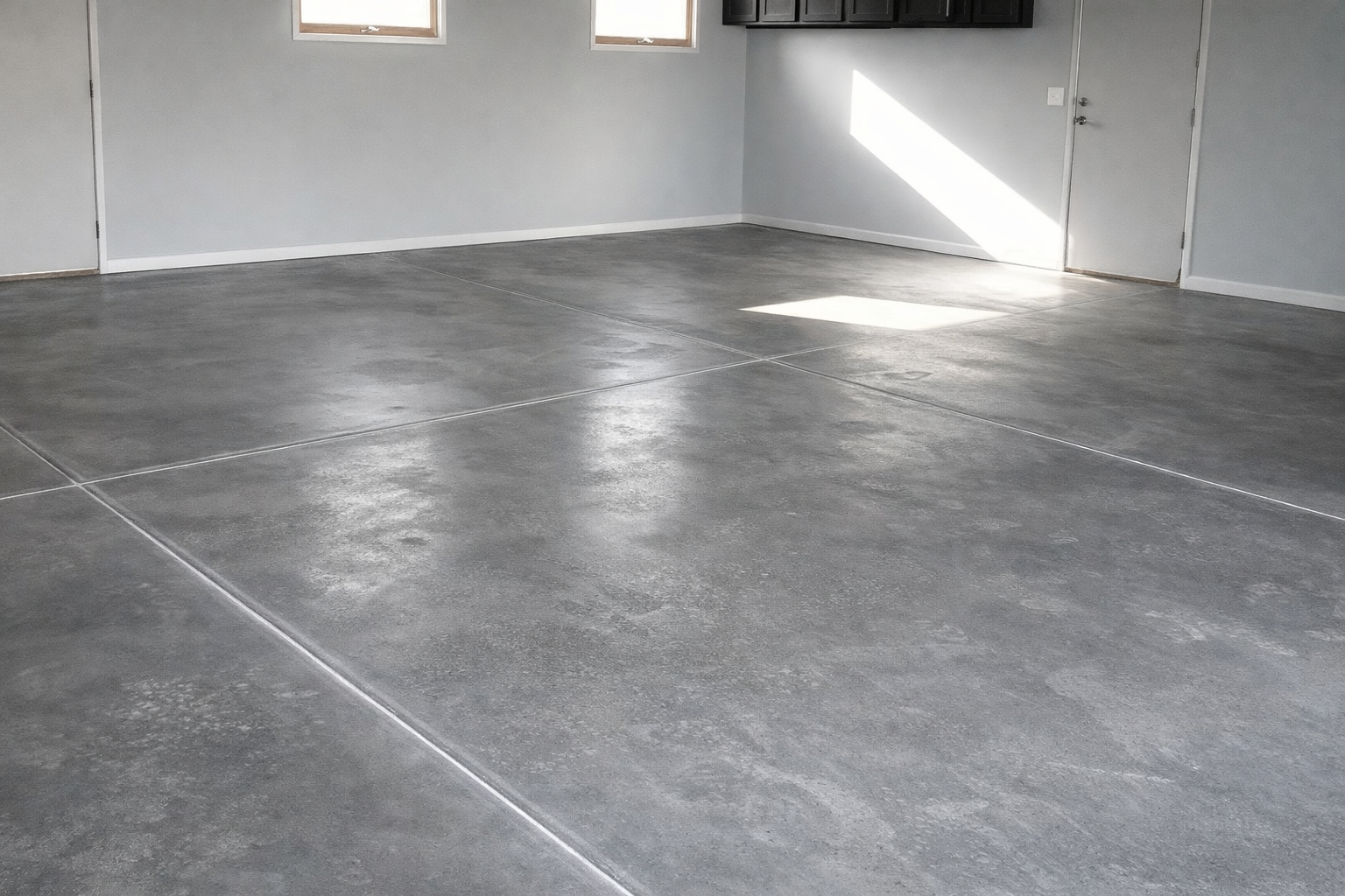 Gray concrete garage floor with light reflecting.