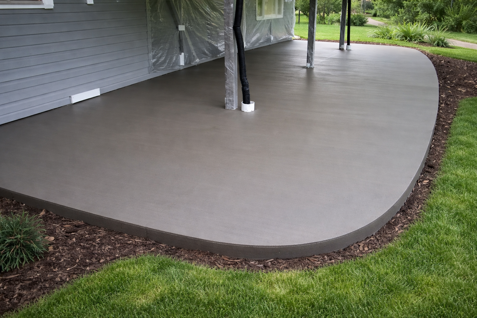 Concrete patio with rounded edge, surrounded by grass and mulch, next to a house.