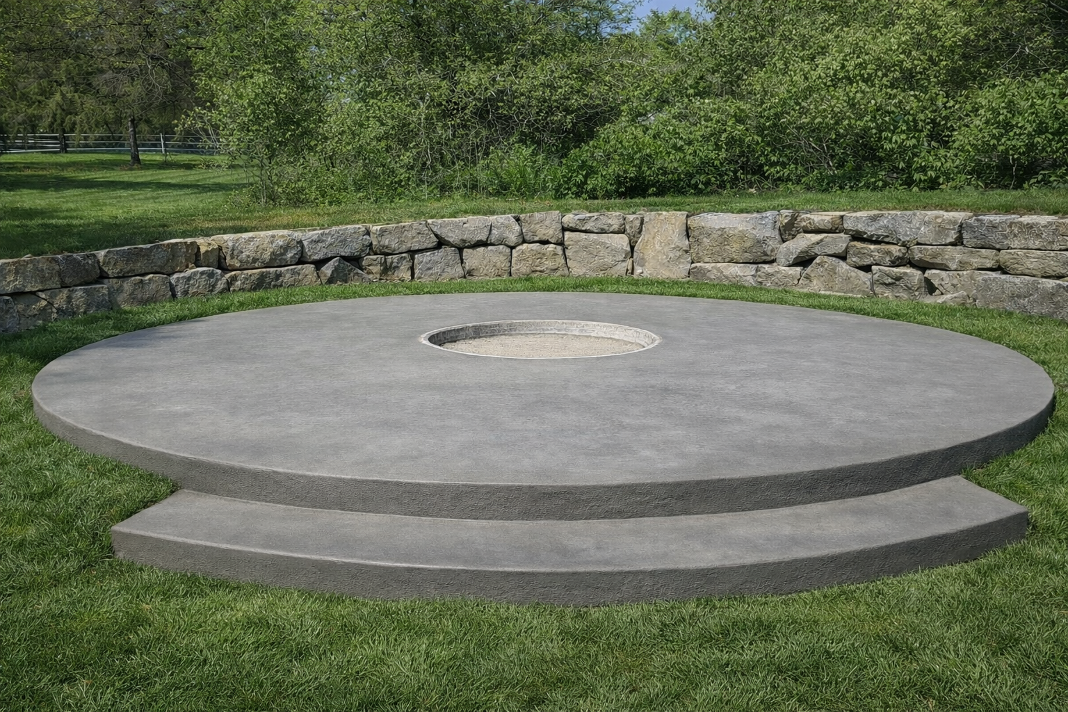 Circular concrete fire pit with steps, set on a grassy lawn. Stone wall in background.