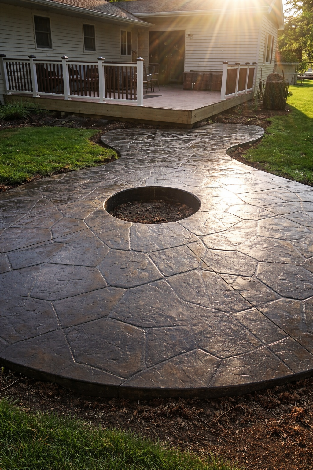 Dark gray stamped concrete patio with fire pit, near a deck, in a backyard.
