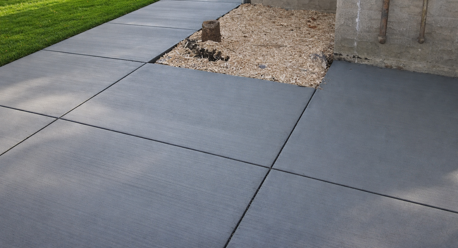 Gray concrete sidewalk with visible expansion joints next to gravel area and grass.