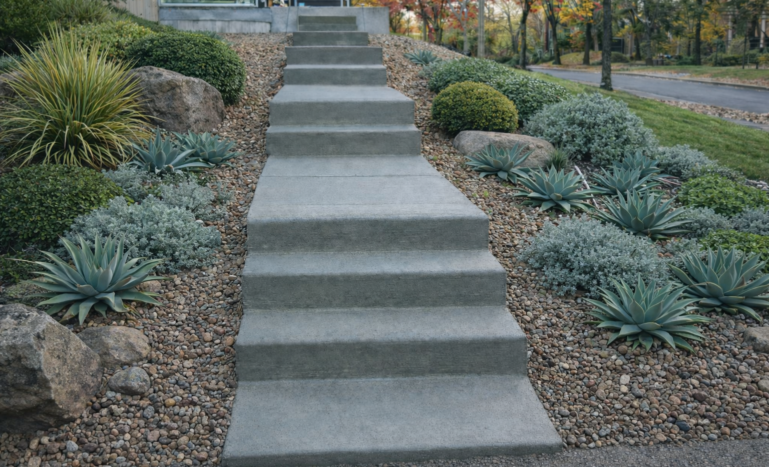 Concrete steps lead up a hill, flanked by landscaping with rocks and various plants.