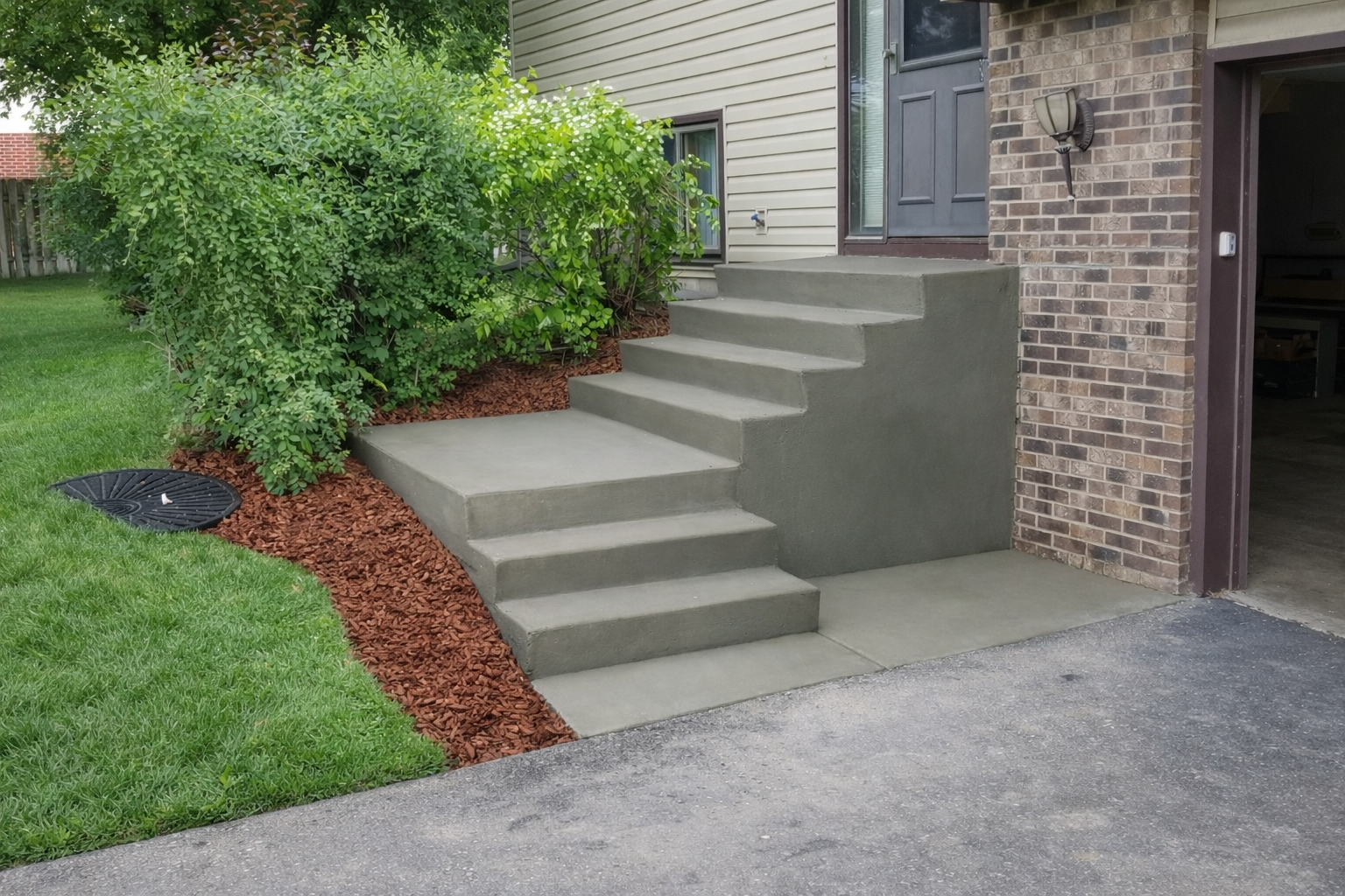 Concrete front steps leading to a house entrance, with mulch and green bushes alongside.