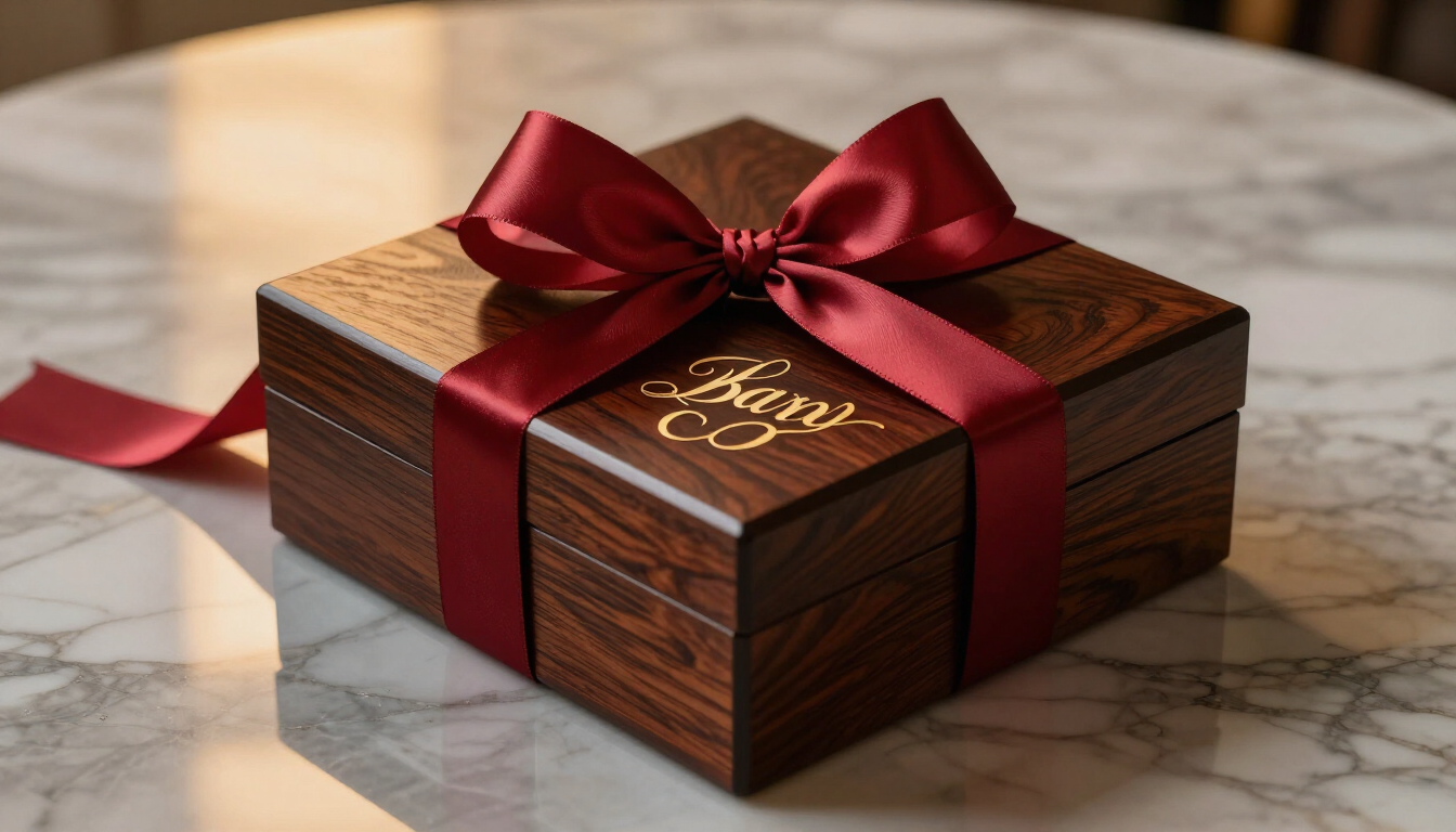 Luxe gepersonaliseerde cadeaubox met gravure en bloemen van Luxury Gifts Atelier.