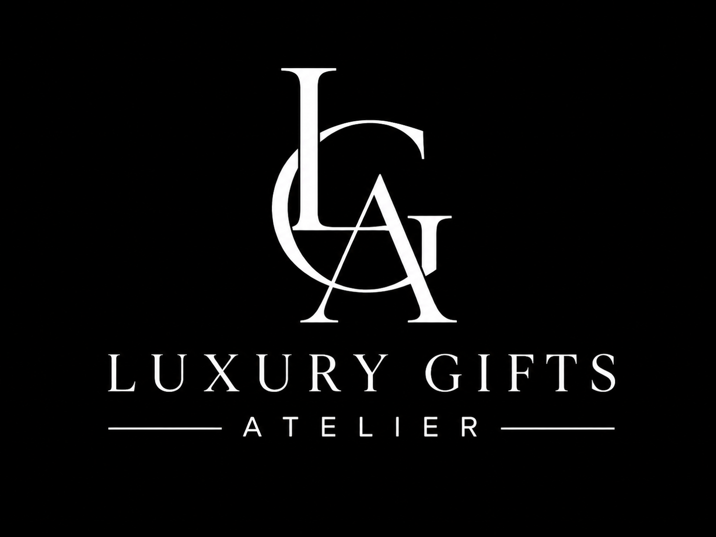 Logo van Black Luxury Gifts Atelier met witte, in elkaar grijpende letters op een zwarte achtergrond.