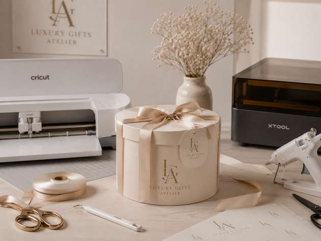 Cricut-opstelling met beige cadeaudozen, lint, gedroogde bloemen en knutselspullen op een bureau.