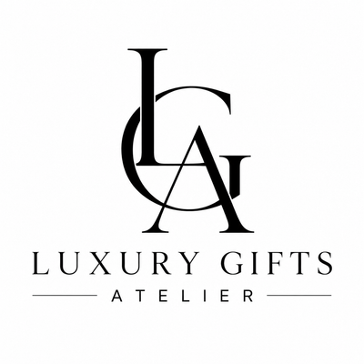 Zwart-wit logo van Luxury Gifts Atelier met in elkaar grijpend LAG-monogram en elegant schreeflettertype.