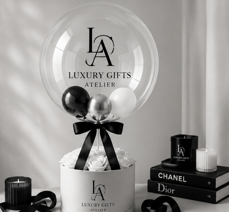 Luxe geschenkballonarrangement met zwart-wit decoratie en merkdozen op een tafel.