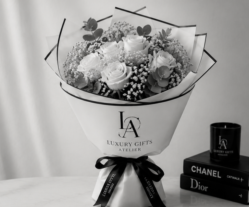 Luxe zwart-wit boeket in een witte merkdoos, met daarnaast dozen van Chanel en Dior.