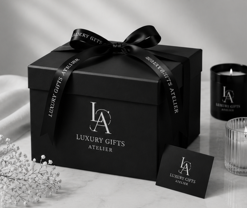 Zwarte luxe geschenkdoos met lint en LA Luxy Gents-logo, met bijpassende kaars en kaart op een grijze achtergrond.