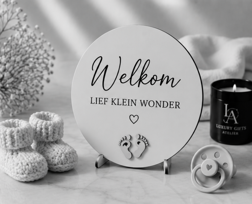 Welkomstbordje met kleine babyartikelen