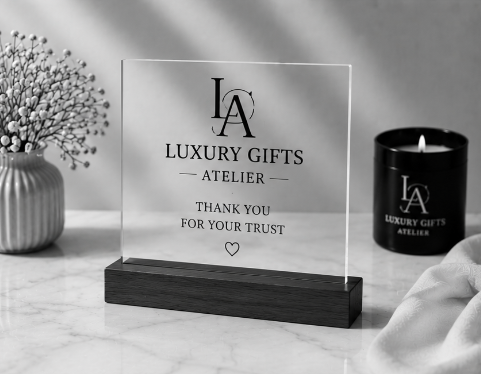 Een acryl bord van Luxury Gifts Atelier op een donkerhouten voetstuk, naast een zwarte kaars en witte bloemen.