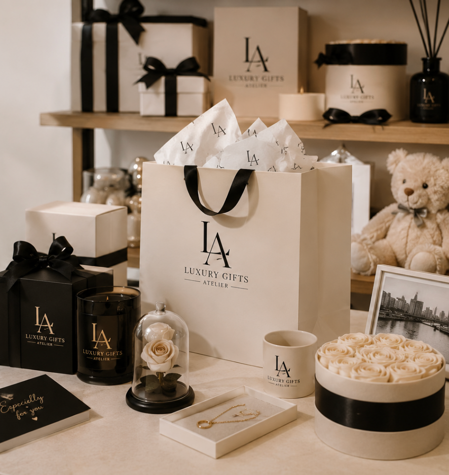 Luxe geschenkzakjes en -doosjes met zwart lint, kaarsen, een teddybeer en bloemen op een beige presentatietafel.