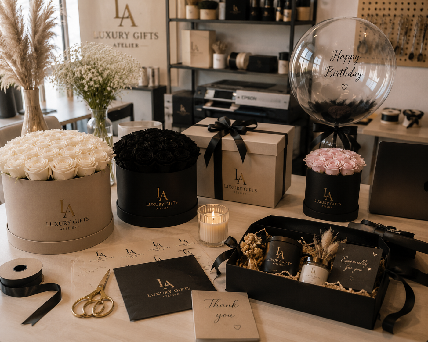 Luxe geschenkmanden met bloemen, kaarsen en champagne-themaverpakkingen op een presentatietafel.