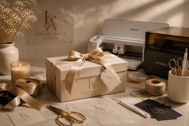 Luxe geschenkverpakking in goud en crème met lint, schaar, kaarsen en sieradendoosjes op een stijlvol gedecoreerd bureau.