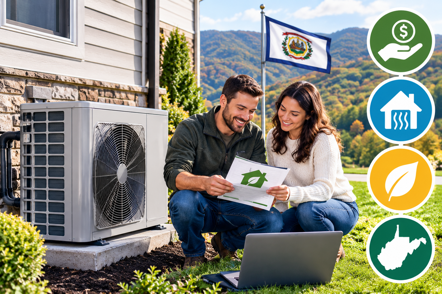 Homeowners reviewing energy savings beside an outdoor HVAC unit and laptop, with efficiency icons beside them