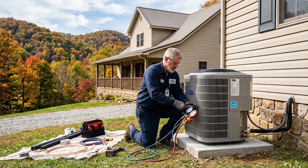 Technician kneeling beside an outdoor HVAC unit, repairing it near a house with tools on the grass.