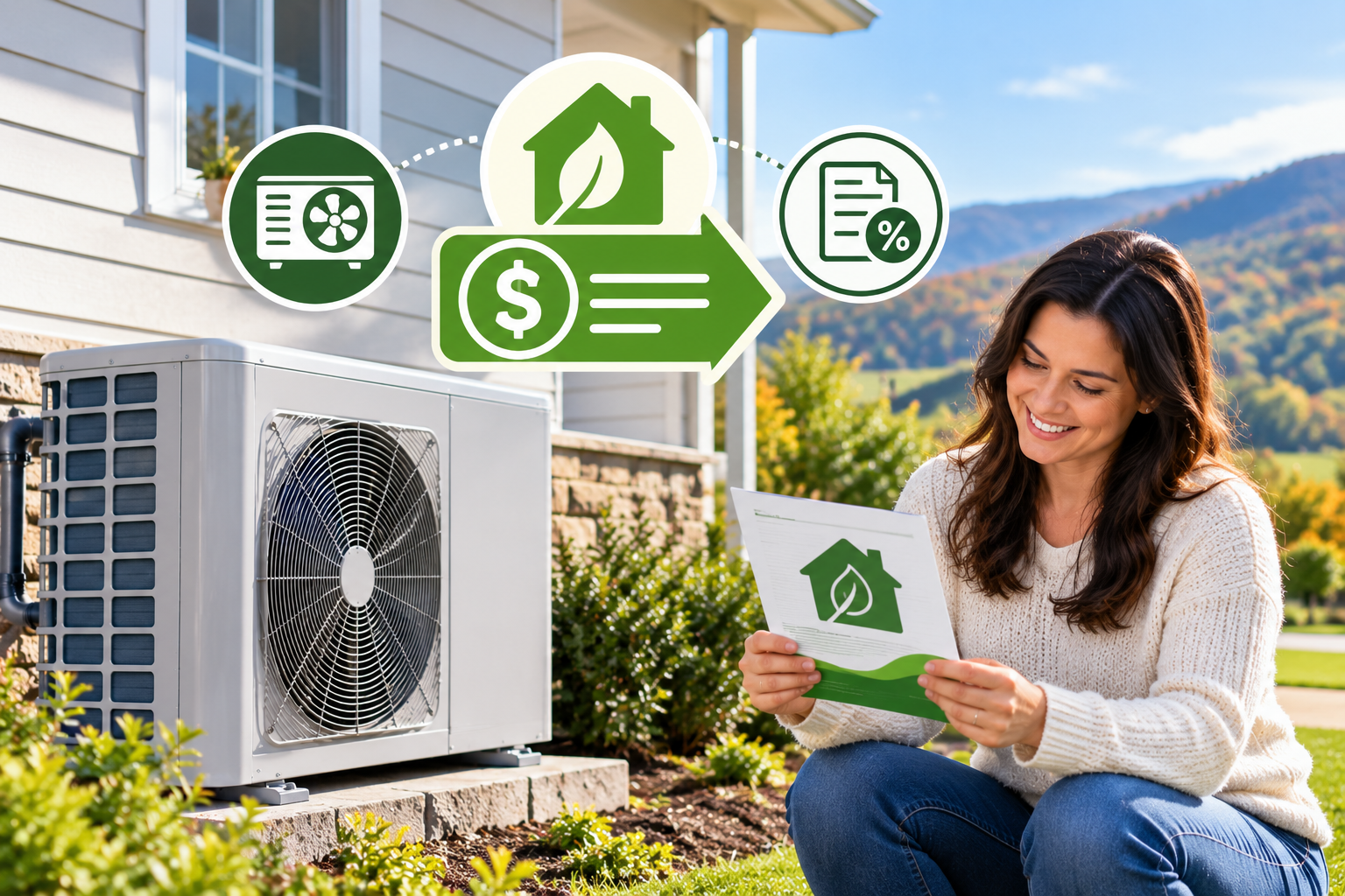 Woman using a tablet beside an outdoor heat pump with green energy icons and dollar sign.
