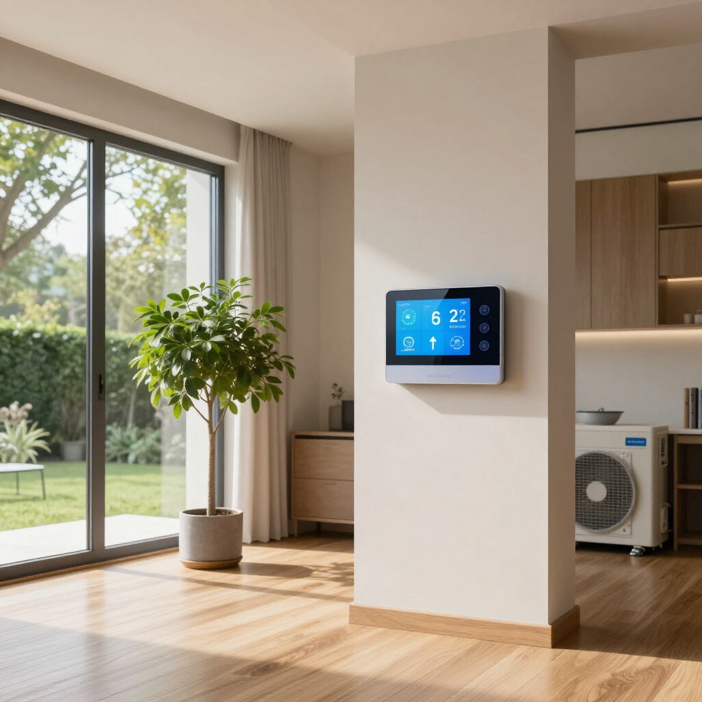 Bright modern living room with sliding glass doors, potted plant, and wall-mounted blue thermostat display