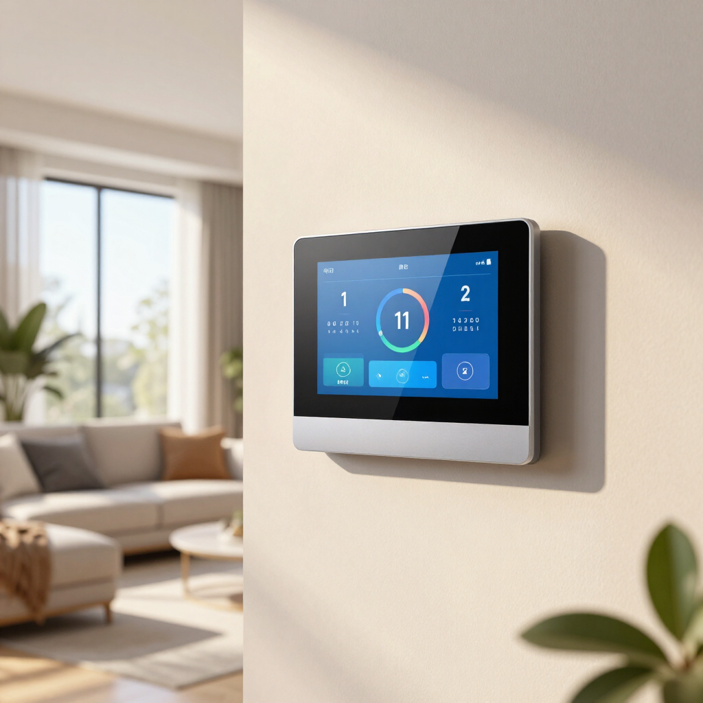 Wall-mounted smart thermostat with blue display in a bright modern living room