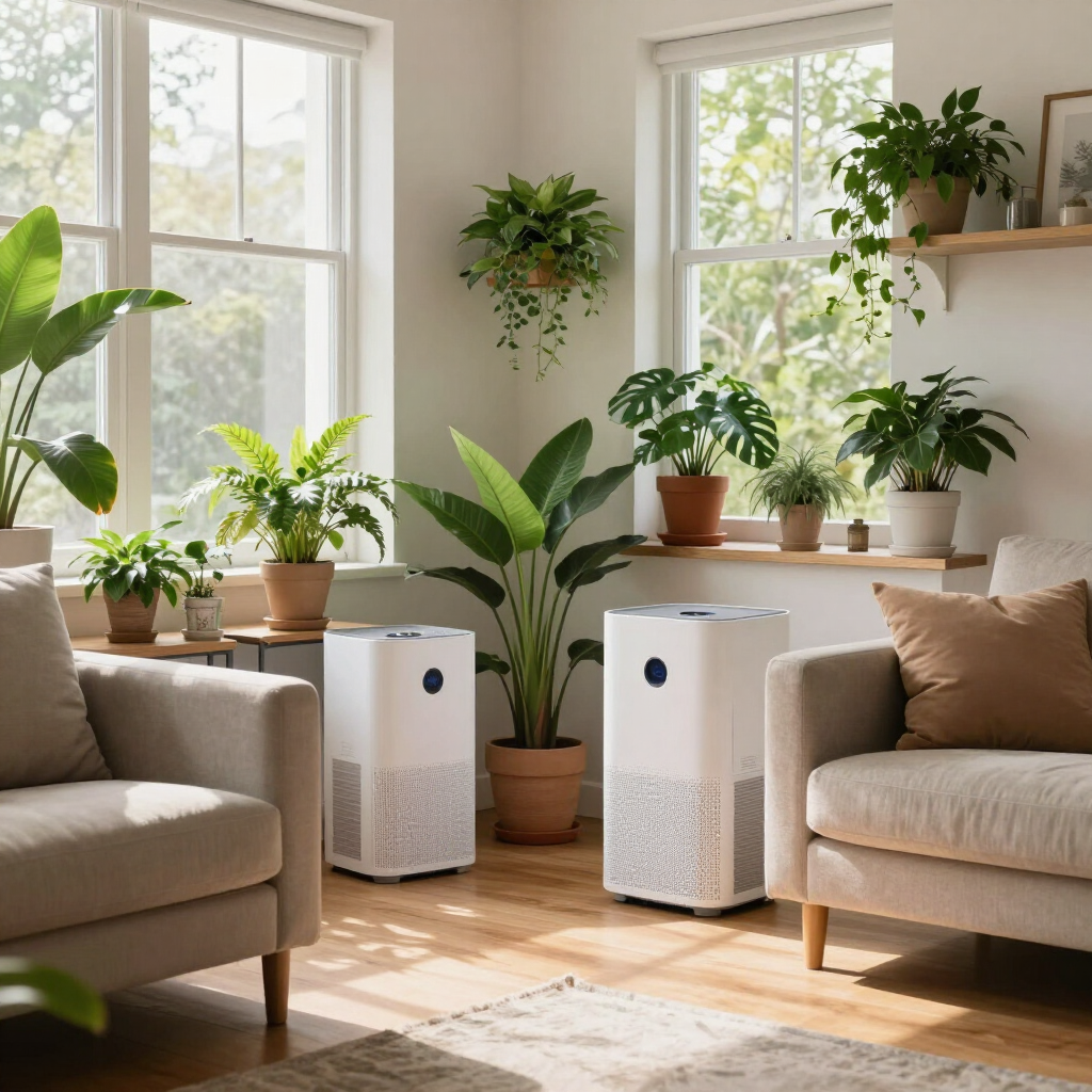 Sunlit living room with houseplants, two white air purifiers, and beige sofas on a wooden floor