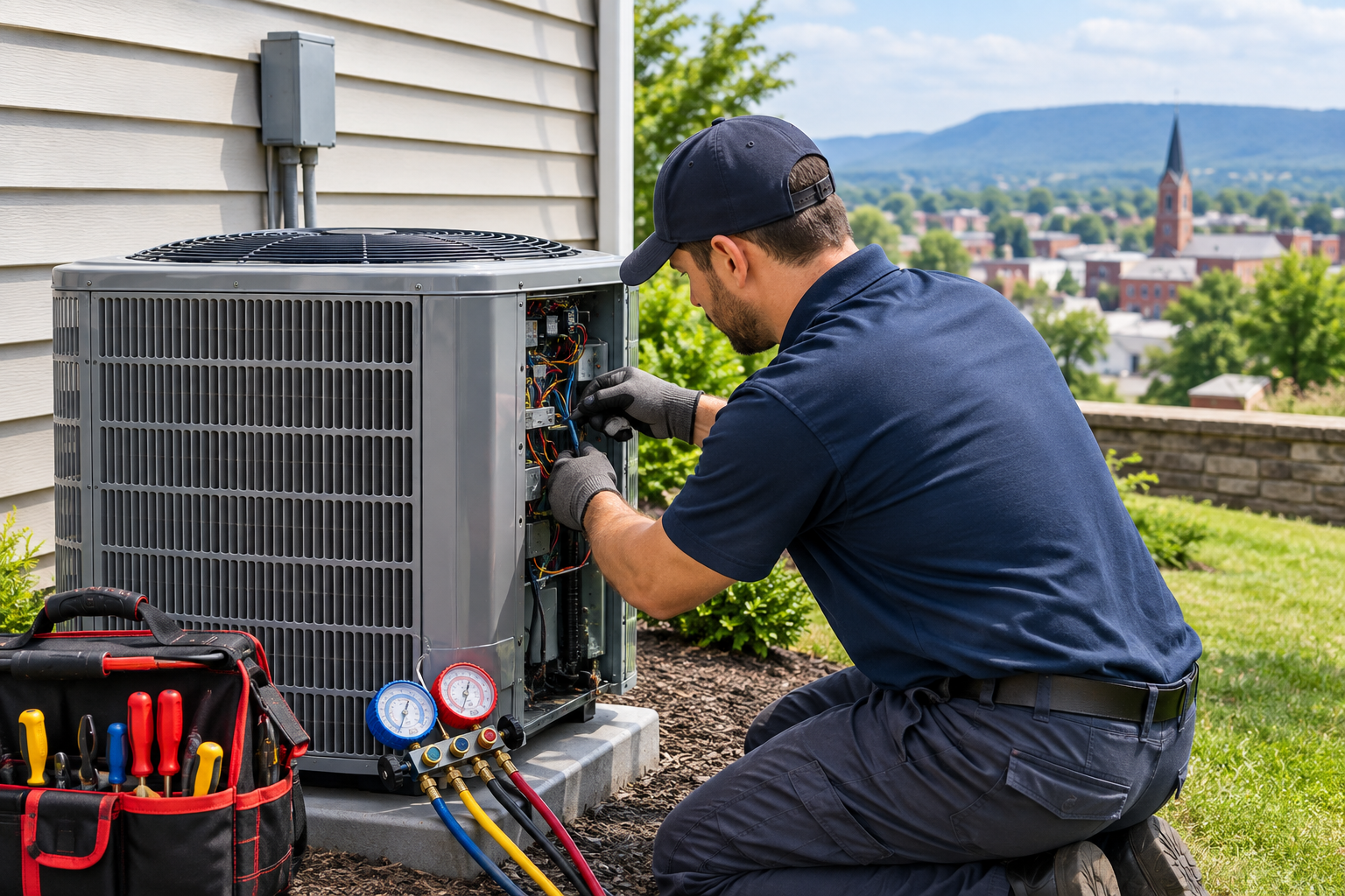 Technician servicing an outdoor HVAC unit with gauges and tools beside a house, overlooking a city and mountains