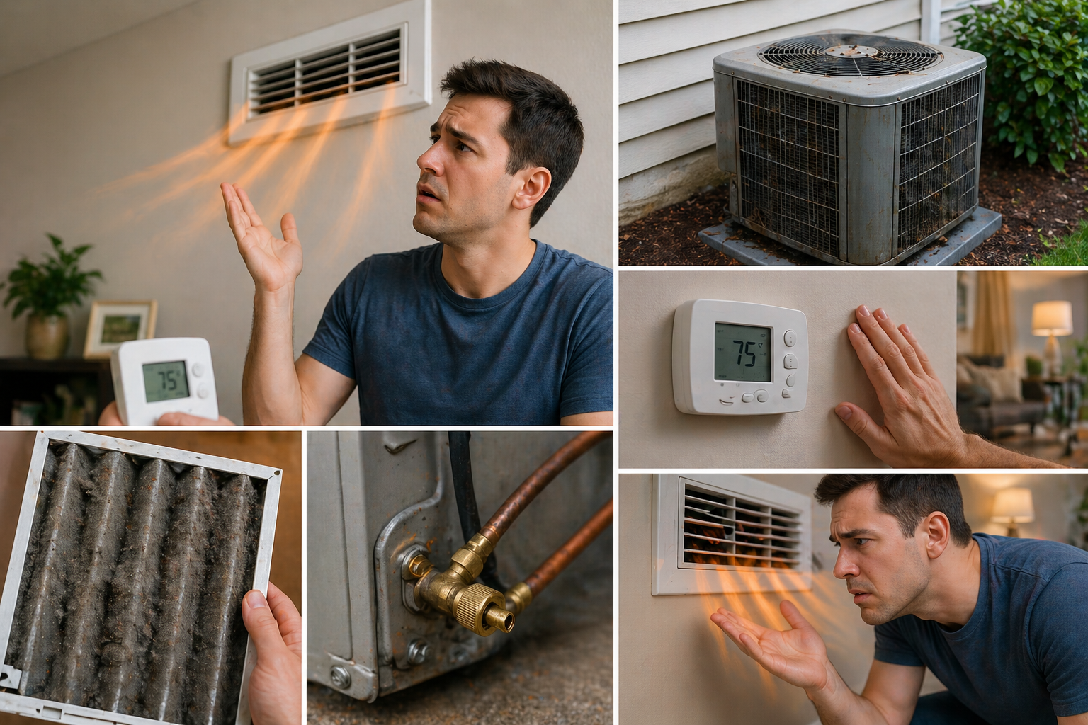 HVAC technician inspecting a dirty air vent, thermostat, and outdoor AC unit during maintenance.