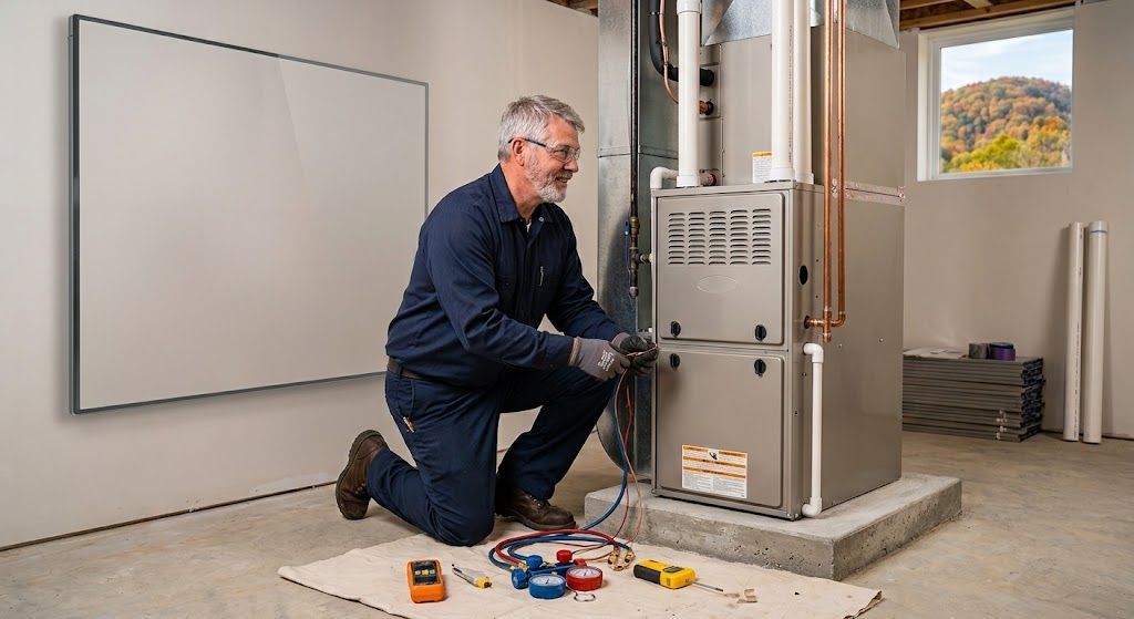Technician kneels beside an open appliance, inspecting wiring in a bright room with tools on the floor.