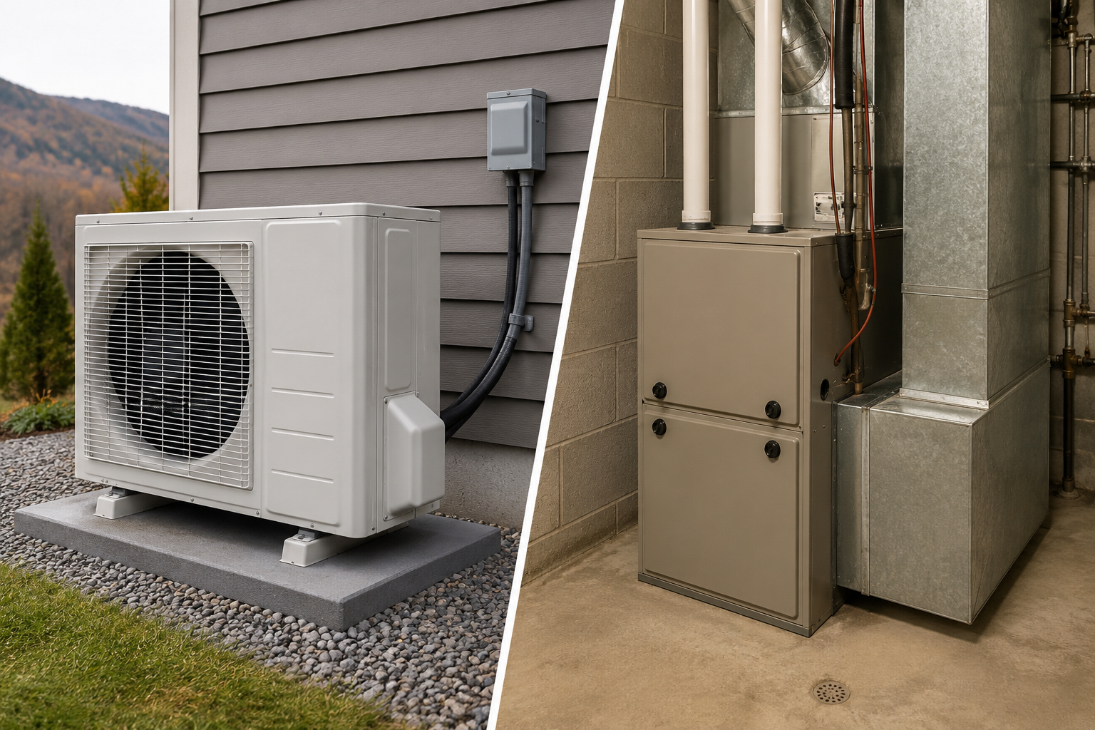 Outdoor heat pump and indoor furnace/air handler units beside a home exterior wall.