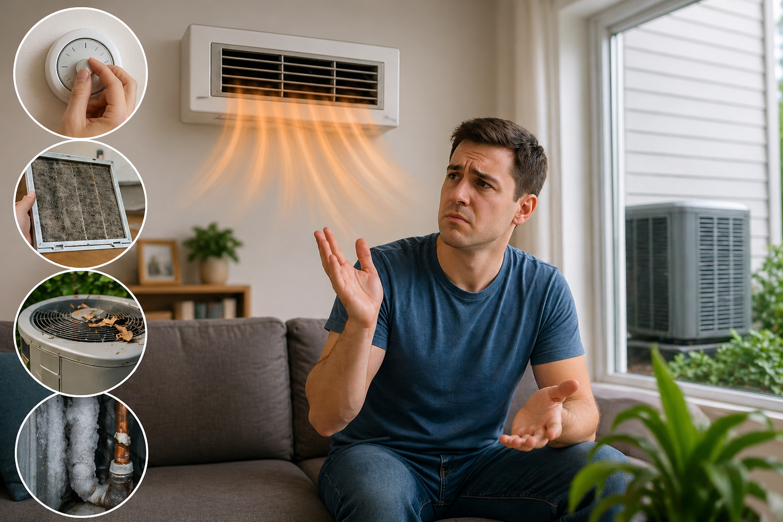 Man sitting on a couch beside a wall vent blowing warm air, with inset images of HVAC issues.