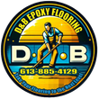 D&B Epoxy Flooring logo with sunburst, bold blue-and-gold lettering, phone number 613-885-4129 and slogan