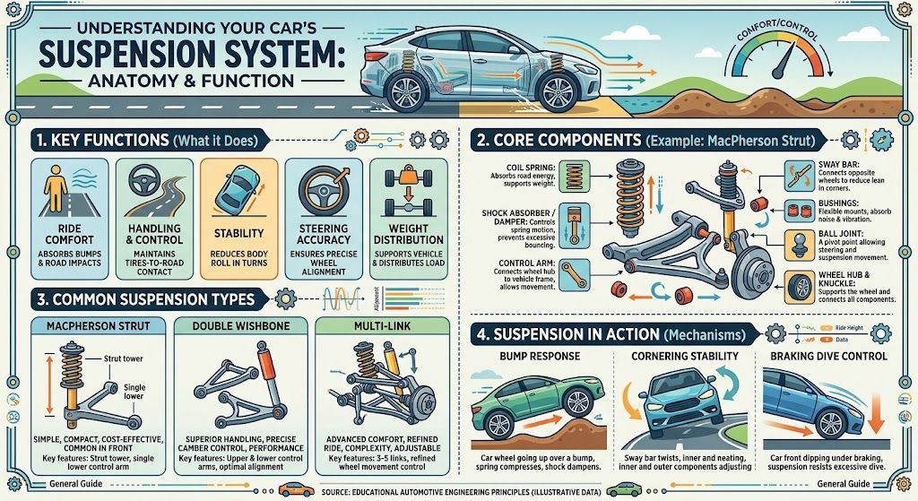 Infographic on a car suspension system, showing types, parts, and how they work in colorful diagrams.