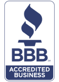 Blue BBB Accredited Business logo on a white rectangular background with a torch icon above the letters.