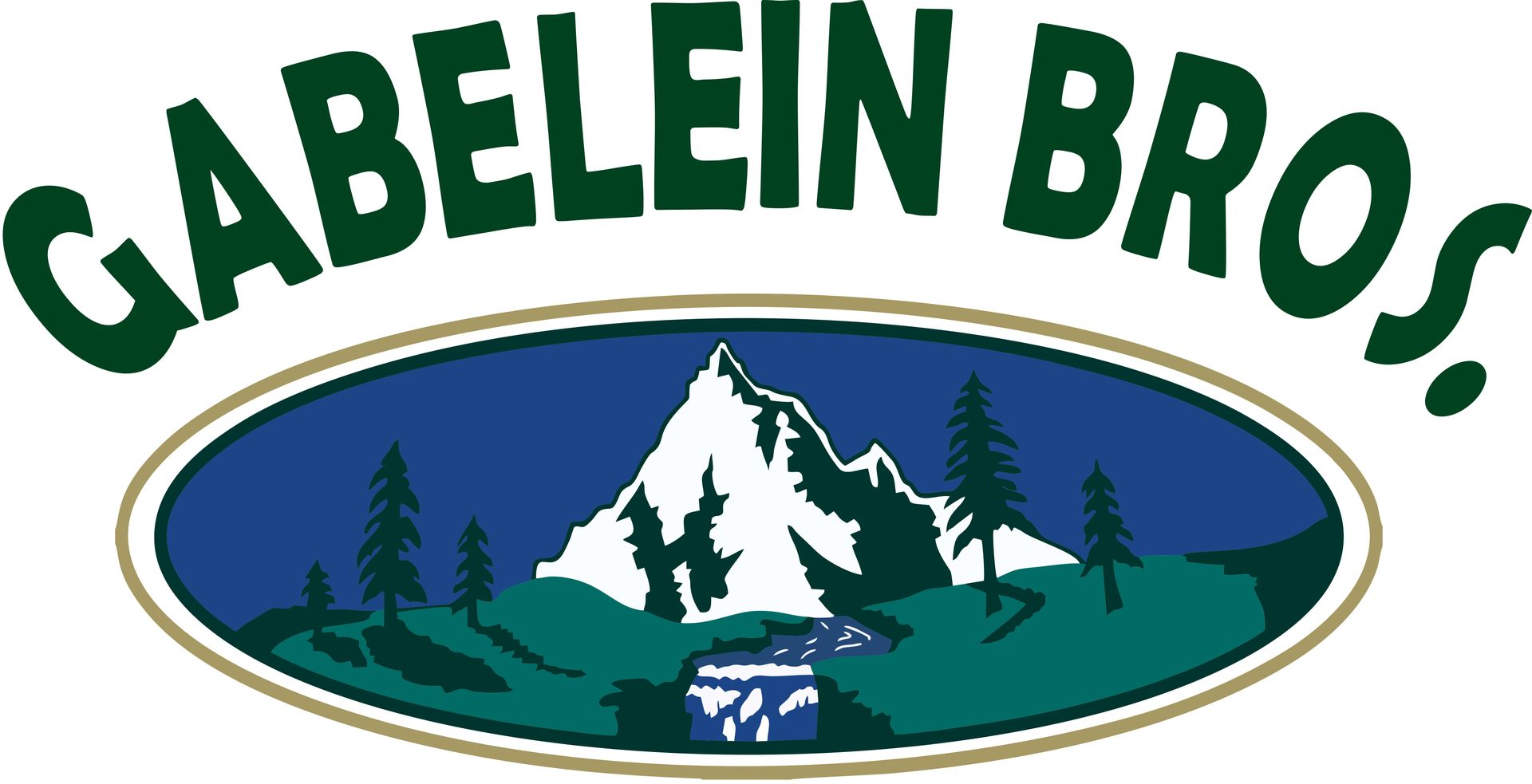 A logo for GABELEIN BROS. featuring green text above an oval graphic of a snow-capped mountain, trees, and a blue stream.