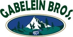 A logo for GABELEIN BROS. featuring green text above an oval graphic of a snow-capped mountain, trees, and a blue stream.