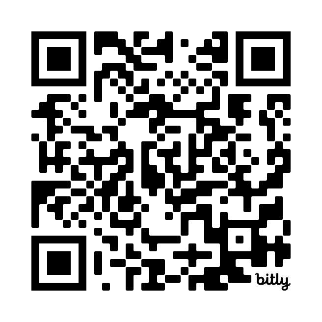 A black and white QR code with a small
