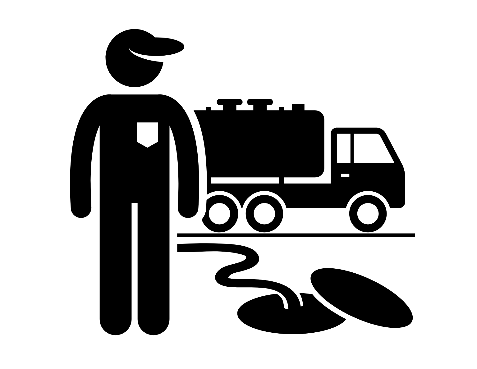 Icon of a worker beside a tanker truck, using a hose to pump liquid into an open underground access point.
