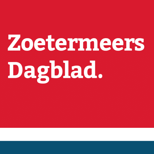 Logo voor Zoetermeers Dagblad: witte tekst op een rode achtergrond met een blauwe streep.