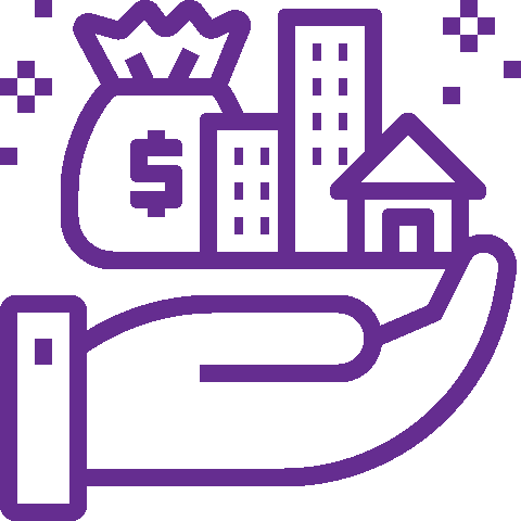 A hand is holding a bag of money , buildings , and a house.
