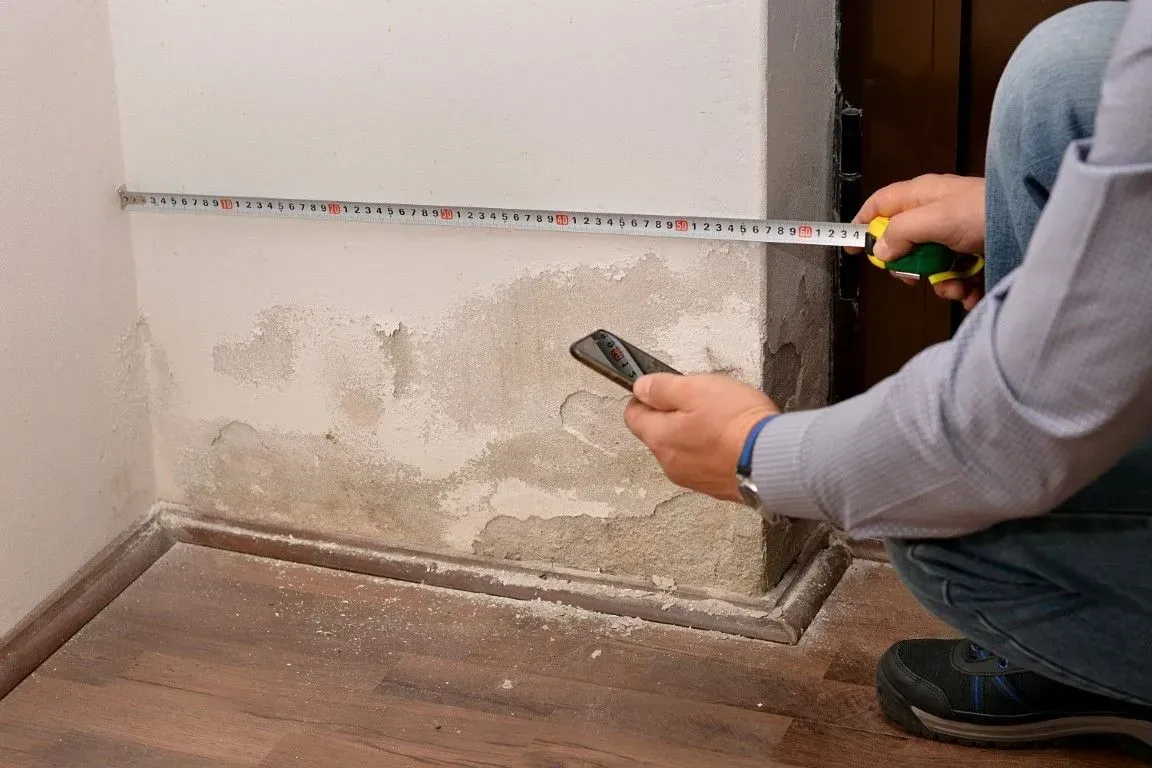 Measuring bubbling water damage on a lower wall.