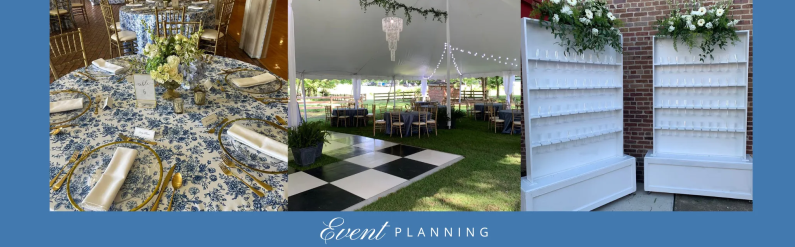 Event planning collage of decorated outdoor venue and banquet tables in white and gold tones