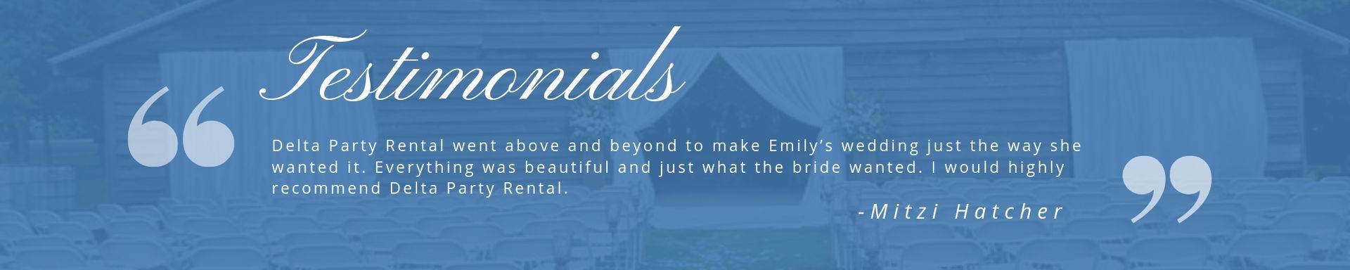 Blue banner with the word “Testimonials” in white script and quote marks on both sides.
