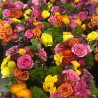 Colorful bouquet of pink, yellow, orange, and purple flowers with green moss accents