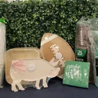 Assorted St. Patrick’s Day decorations with a shamrock backdrop and a pig cutout on a table