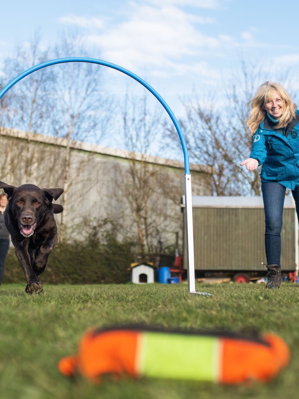 Frau mit ihrem Hund im Hoopers Parcours, Hund rennt durch einen Hoop