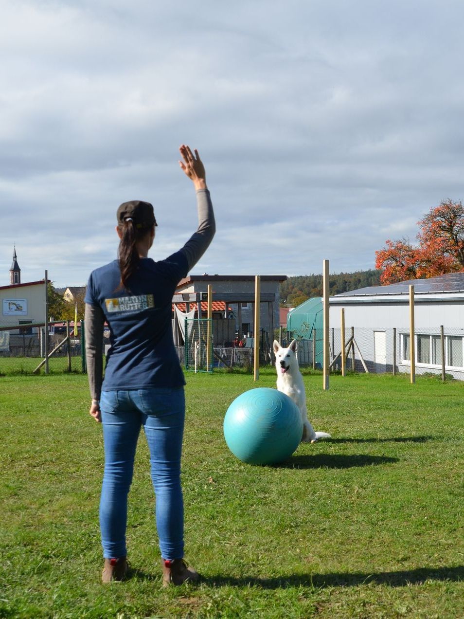 Ramona Houscht und Schäferhund Jimmy bei einer Treibball Übung